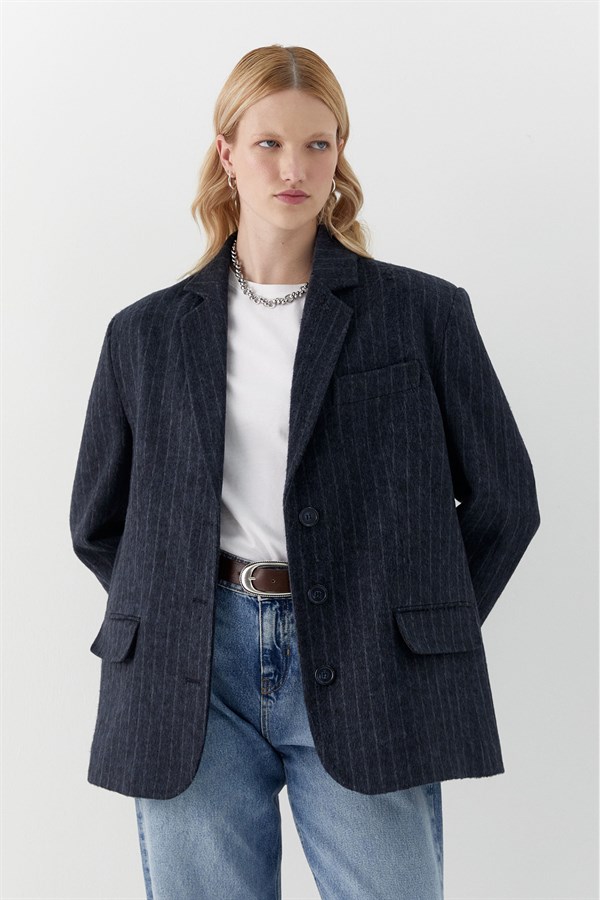 Çizgili Kaşe Blazer Lacivert