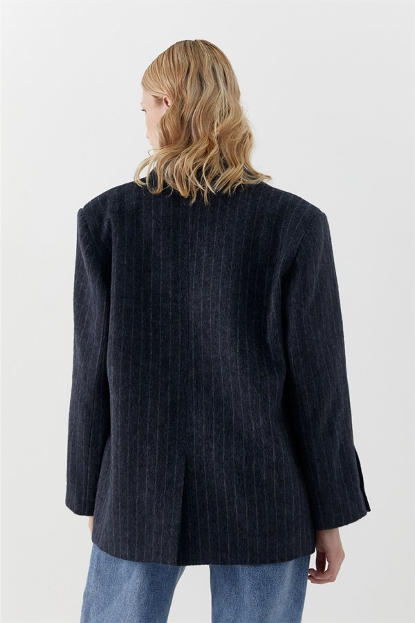 Çizgili Kaşe Blazer Lacivert