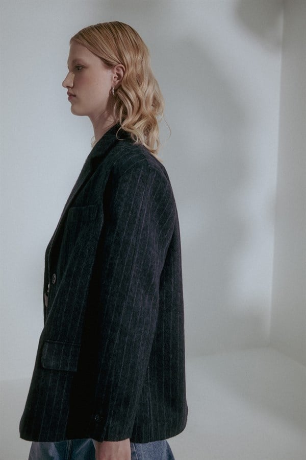 Çizgili Kaşe Blazer Lacivert