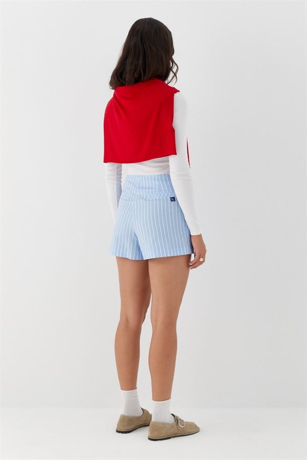 Çizgili Mini Şort Etek Açık Mavi