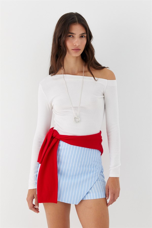 Çizgili Mini Şort Etek Açık Mavi