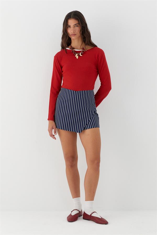 Çizgili Mini Şort Etek Lacivert