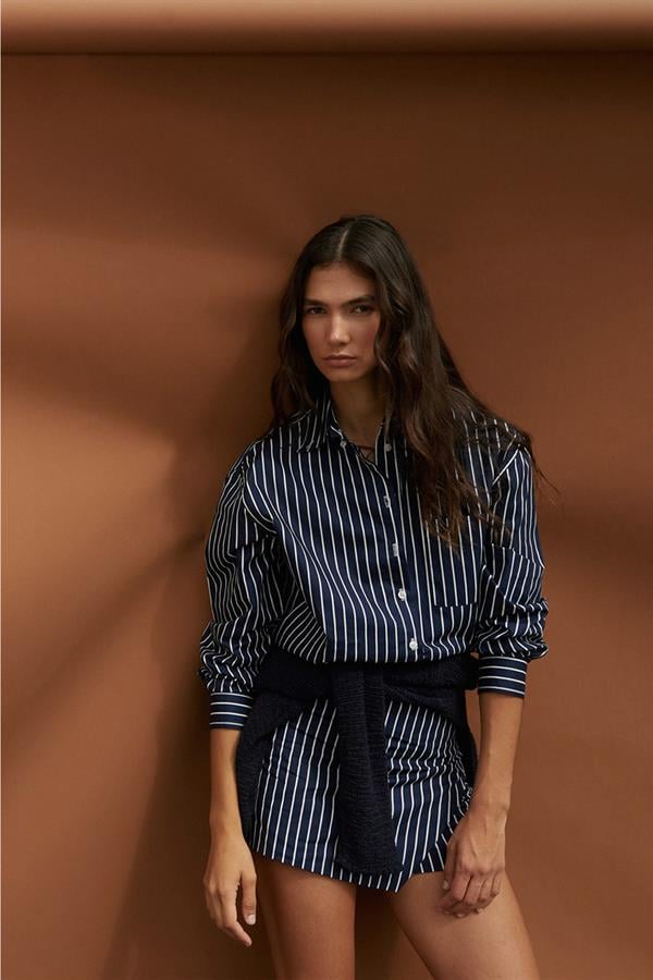 Çizgili Mini Şort Etek Lacivert