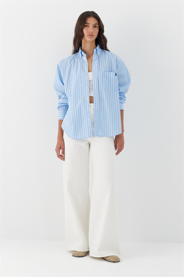 Çizgili Oversize Poplin Gömlek Açık Mavi
