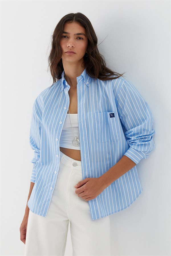 Çizgili Oversize Poplin Gömlek Açık Mavi