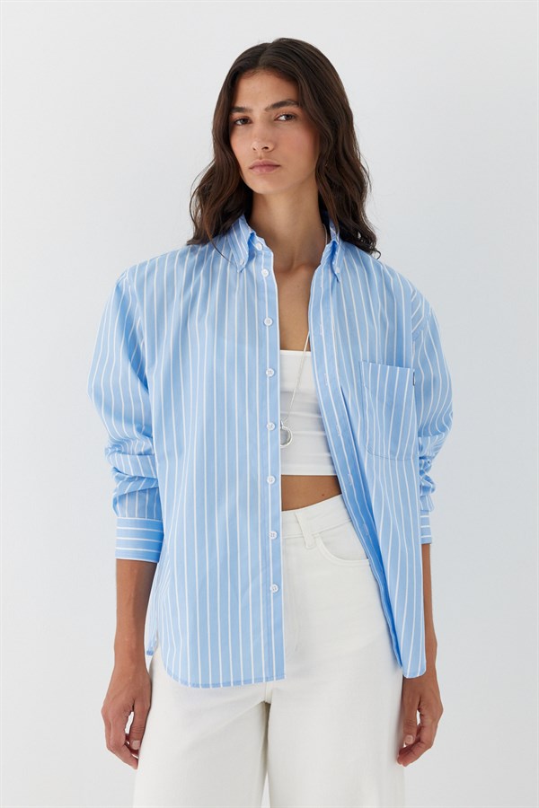 Çizgili Oversize Poplin Gömlek Açık Mavi