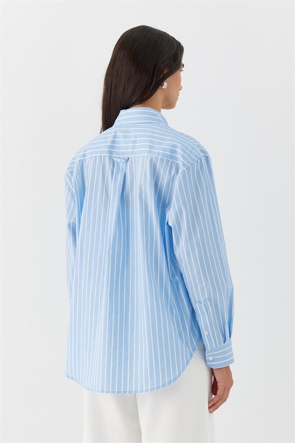 Çizgili Oversize Poplin Gömlek Açık Mavi