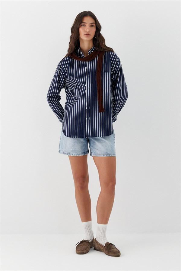 Çizgili Oversize Poplin Gömlek Lacivert