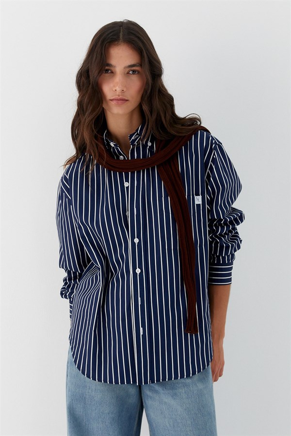 Çizgili Oversize Poplin Gömlek Lacivert