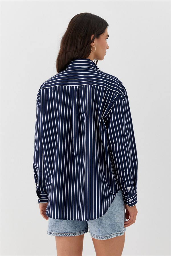 Çizgili Oversize Poplin Gömlek Lacivert