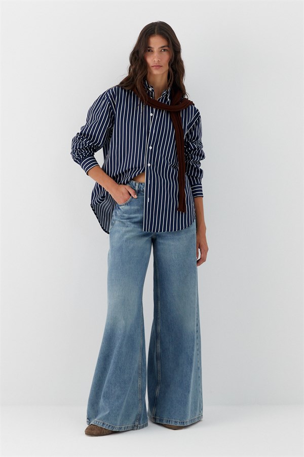 Çizgili Oversize Poplin Gömlek Lacivert
