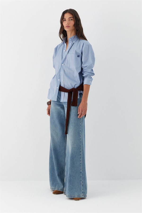 Çizgili Oversize Poplin Gömlek Mavi