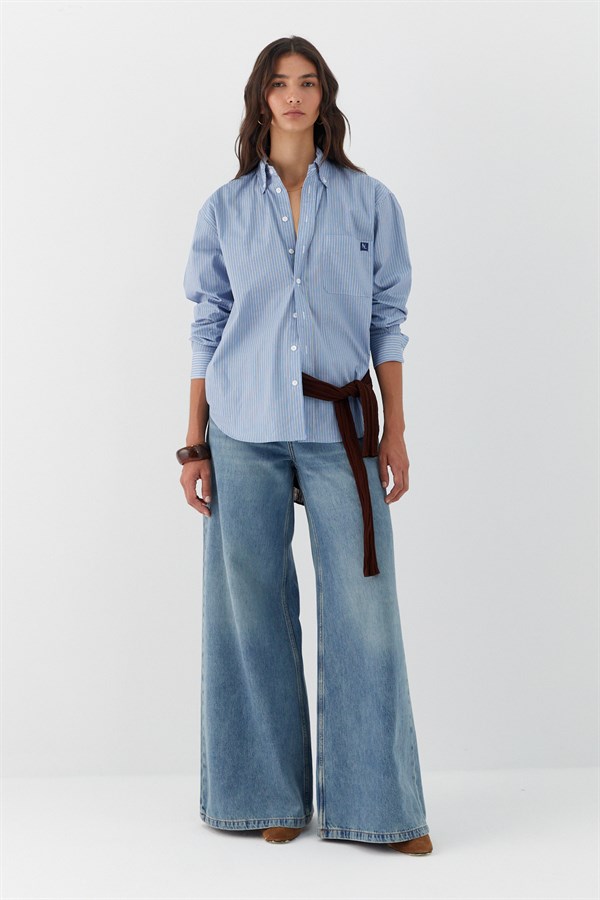 Çizgili Oversize Poplin Gömlek Mavi