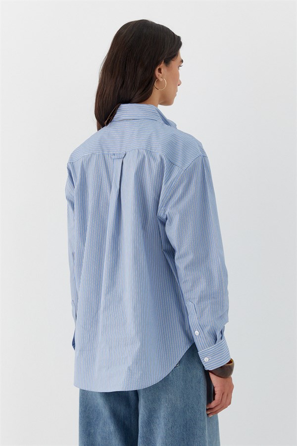 Çizgili Oversize Poplin Gömlek Mavi