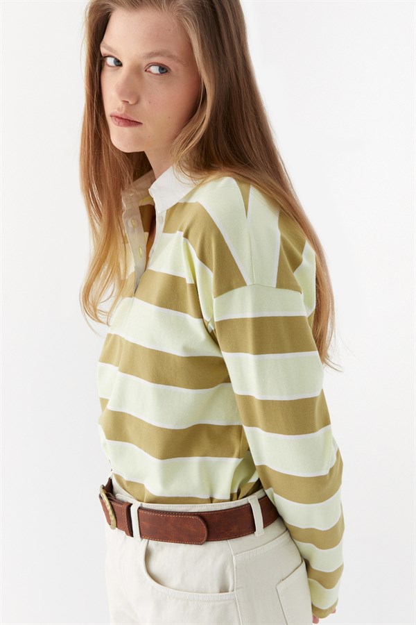Çizgili Polo Pamuk T-shirt Haki