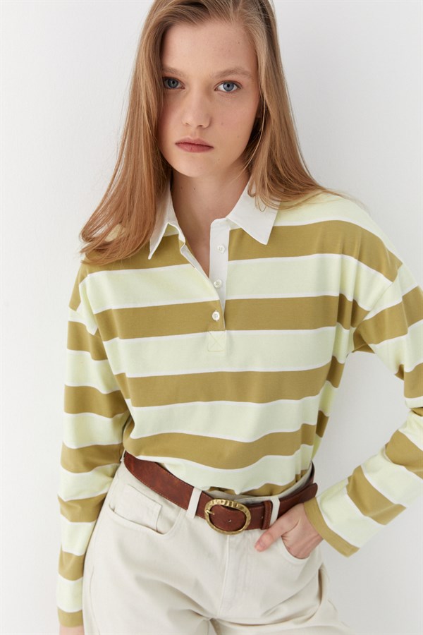 Çizgili Polo Pamuk T-shirt Haki