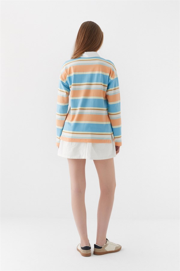 Çizgili Polo Pamuk T-shirt Mavi