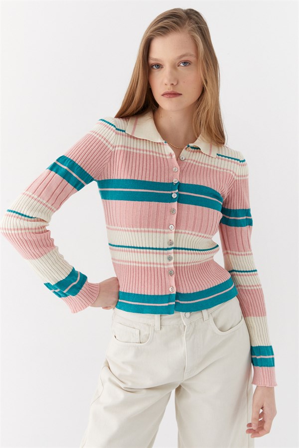 Çizgili Polo Yaka Triko Hırka Pembe