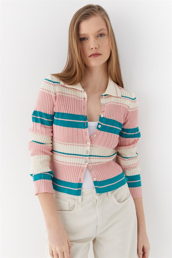 Çizgili Polo Yaka Triko Hırka Pembe