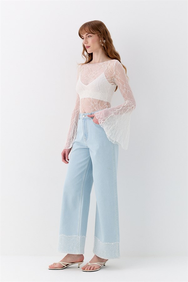 Dantel Asimetrik Romantik Kol Bluz Ekru