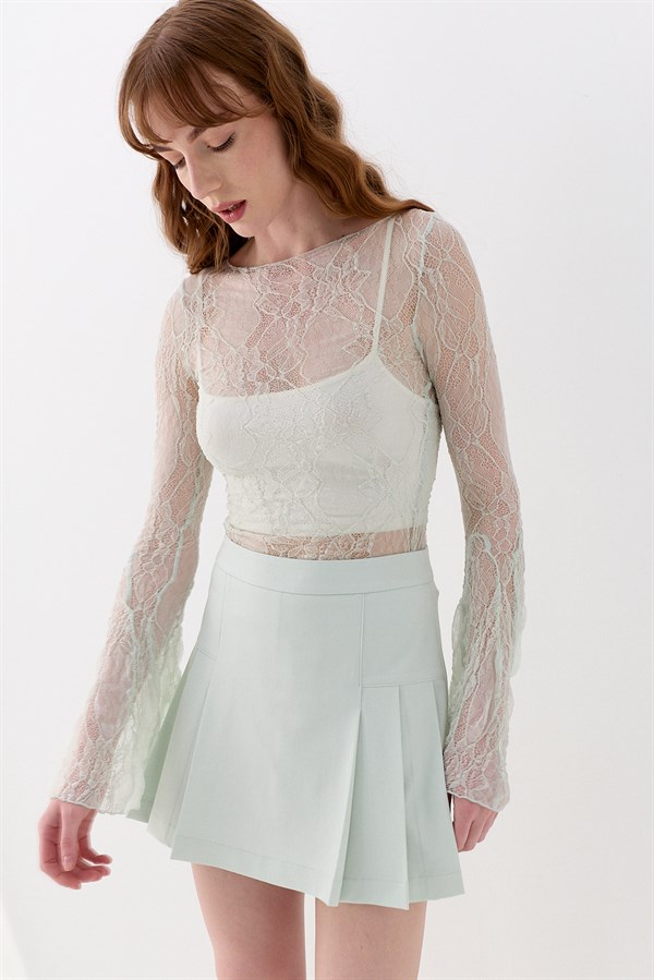 Dantel Asimetrik Romantik Kol Bluz Mint