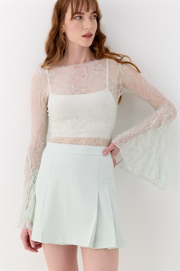 Dantel Asimetrik Romantik Kol Bluz Mint
