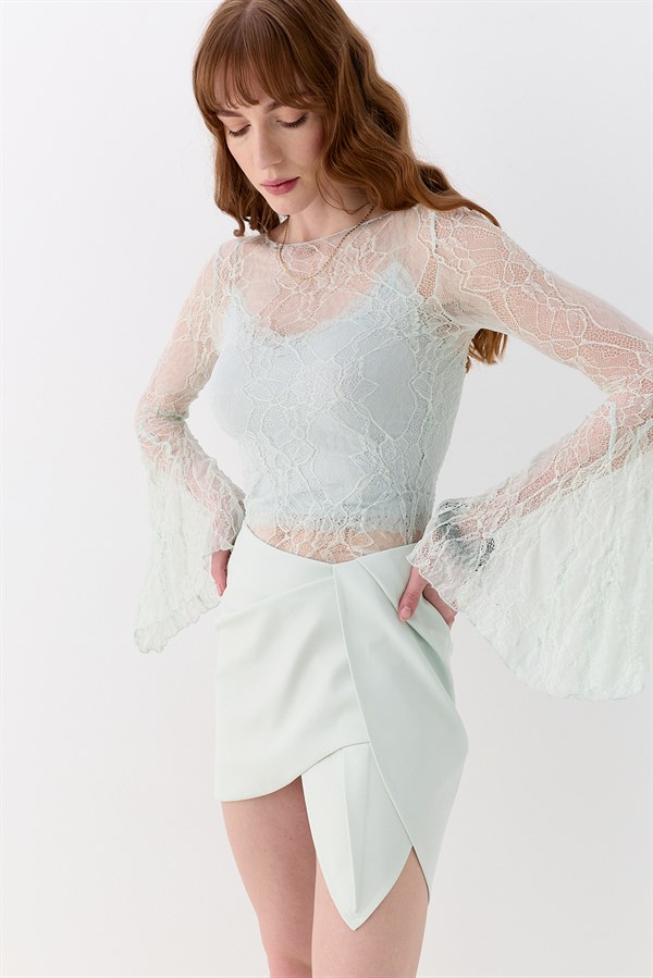 Dantel Asimetrik Romantik Kol Bluz Mint