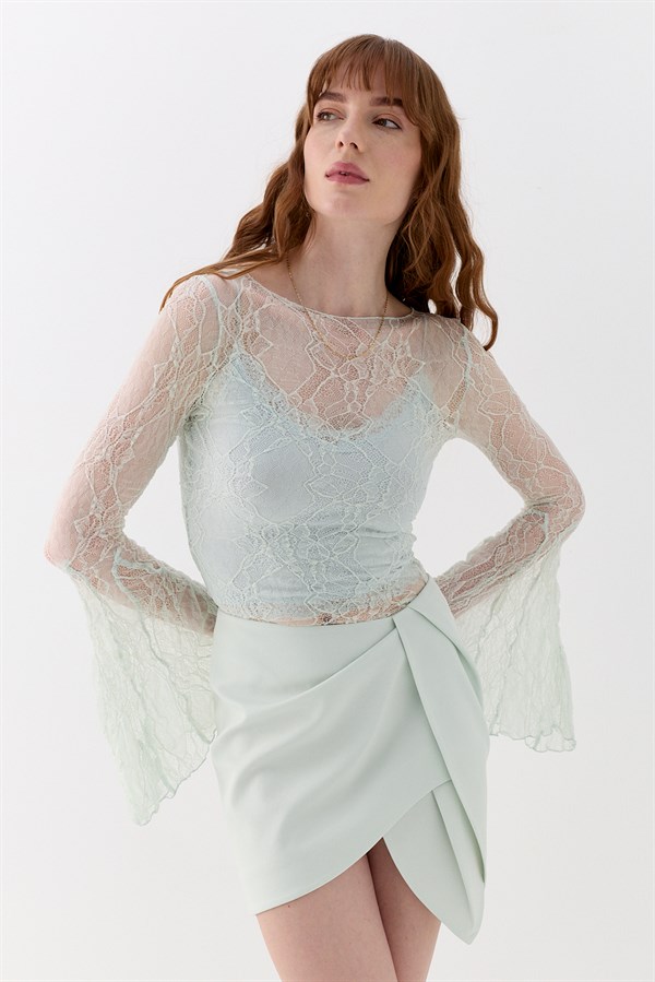 Dantel Asimetrik Romantik Kol Bluz Mint