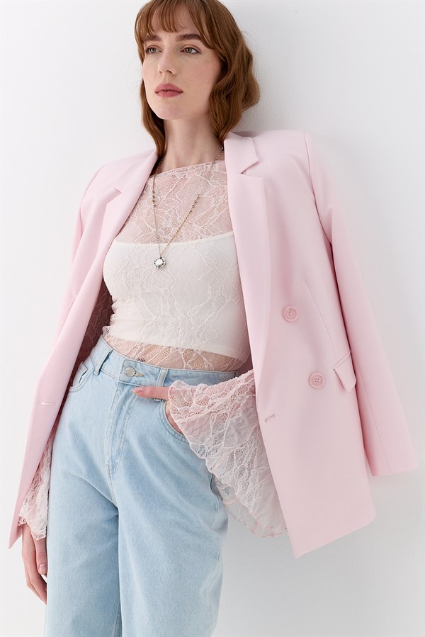 Dantel Asimetrik Romantik Kol Bluz Pembe