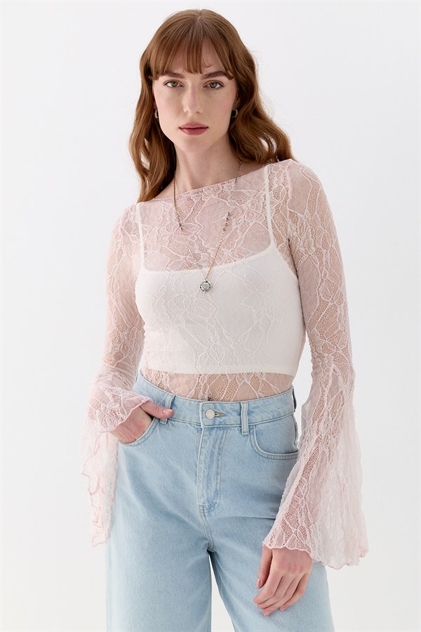 Dantel Asimetrik Romantik Kol Bluz Pembe