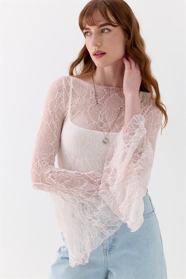 Dantel Asimetrik Romantik Kol Bluz Pembe