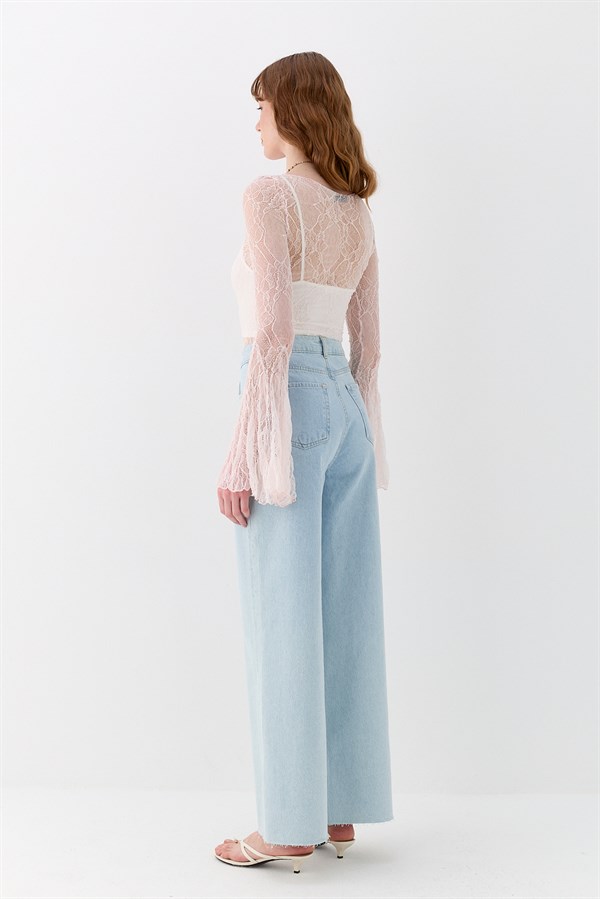 Dantel Asimetrik Romantik Kol Bluz Pembe