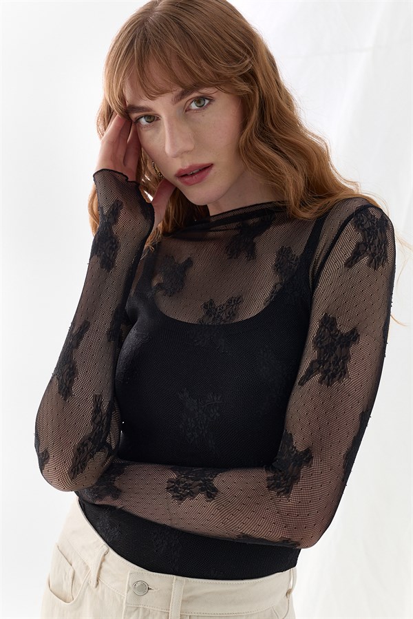 Dantelli Parmak Detaylı Body Siyah