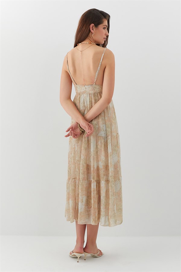 Desenli V Yaka Şifon Elbise Bej