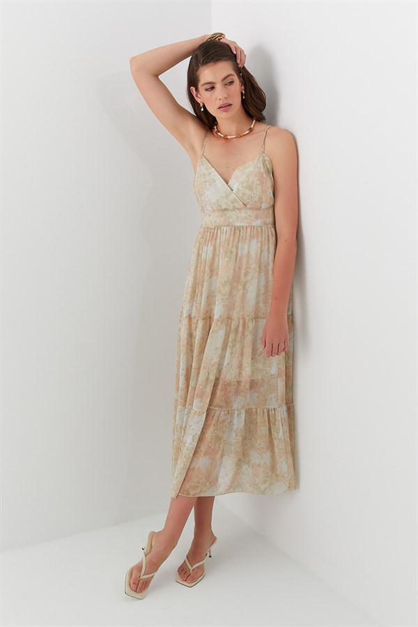 Desenli V Yaka Şifon Elbise Bej
