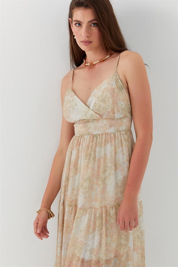 Desenli V Yaka Şifon Elbise Bej