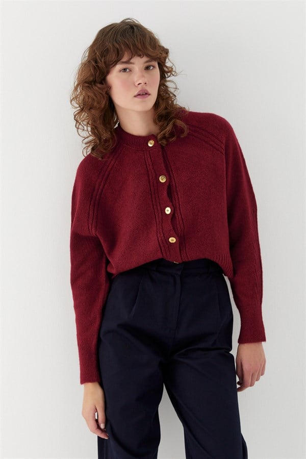 Dikiş Detaylı Triko Hırka Bordo