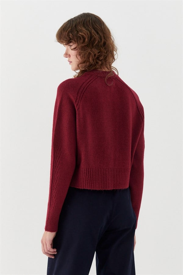 Dikiş Detaylı Triko Hırka Bordo