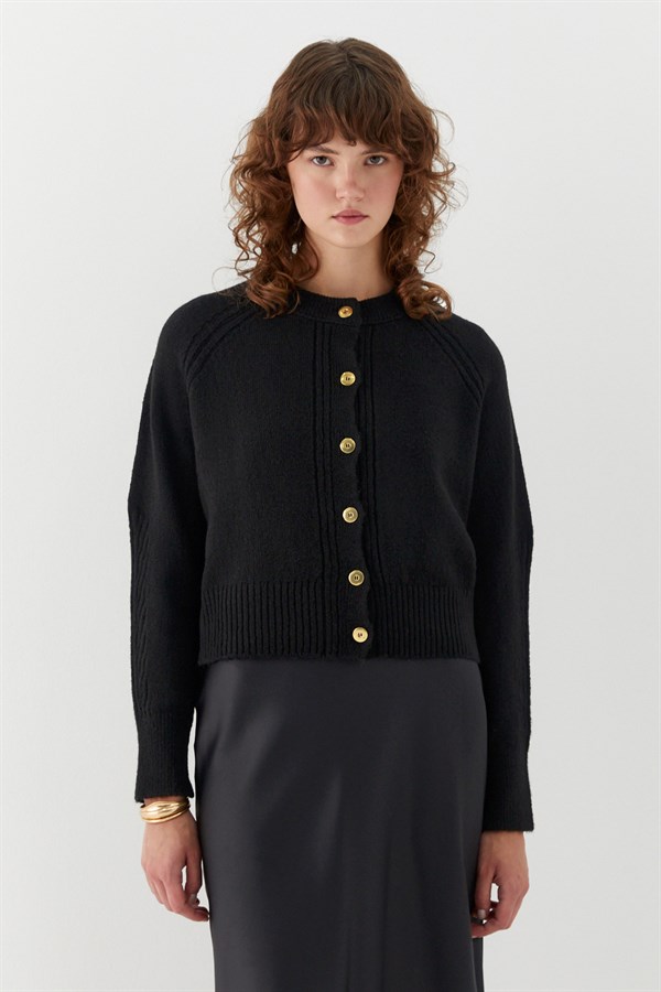 Dikiş Detaylı Triko Hırka Siyah