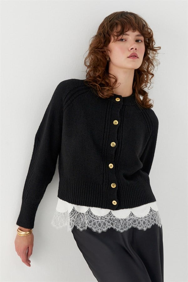 Dikiş Detaylı Triko Hırka Siyah