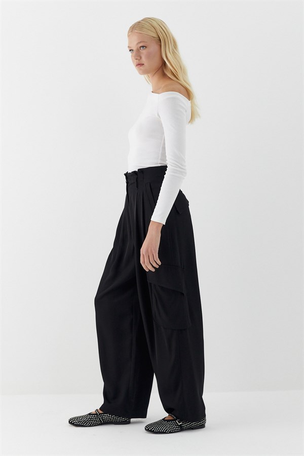 Dökümlü Kargo Pantolon Siyah