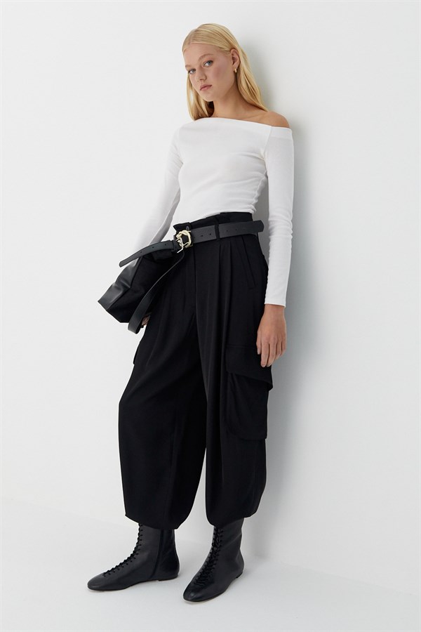 Dökümlü Kargo Pantolon Siyah