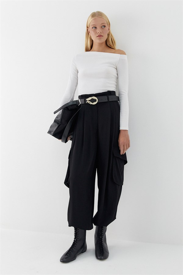Dökümlü Kargo Pantolon Siyah