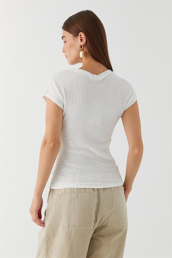 Dolgulu Bisiklet Yaka Bluz Beyaz