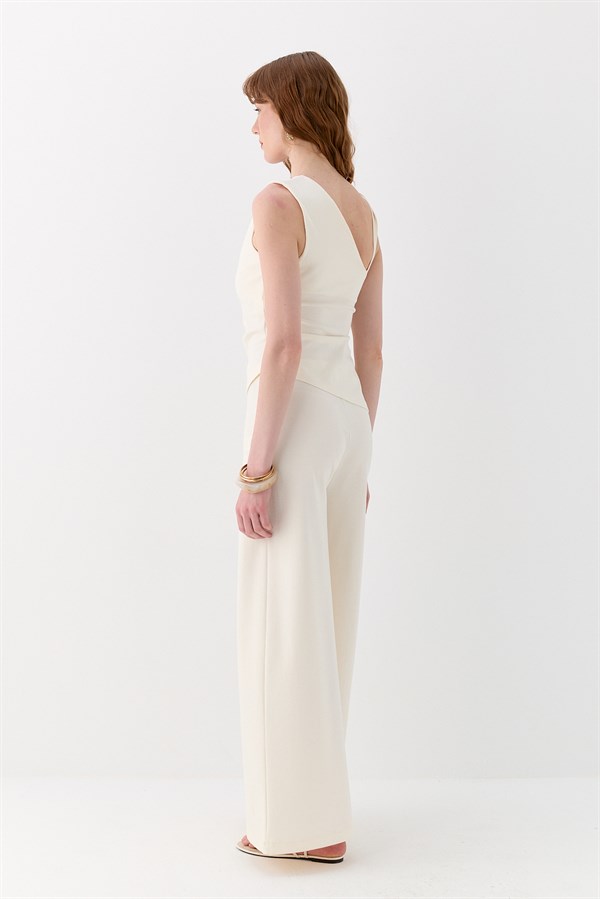 Drapeli Tek Omuz İnterlok Bluz Ekru