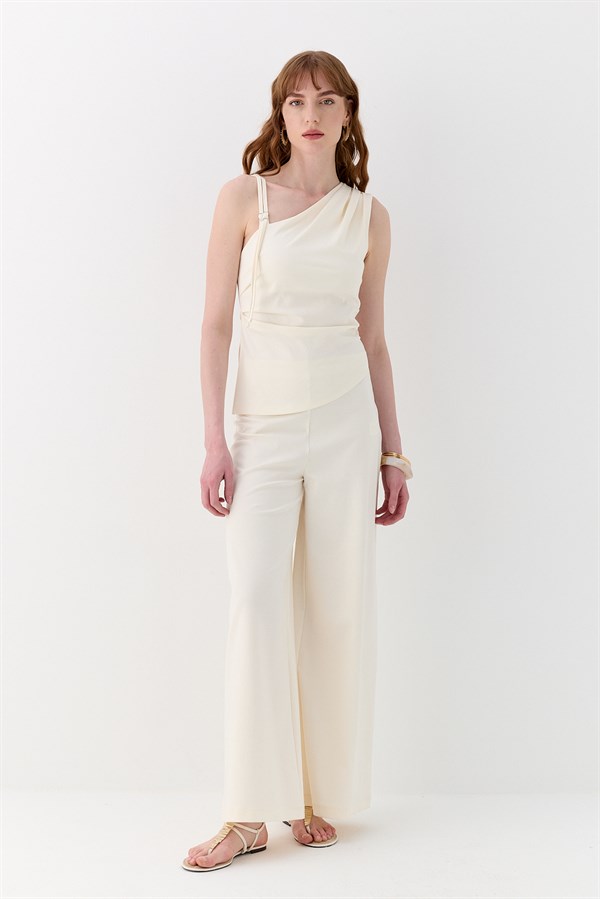 Drapeli Tek Omuz İnterlok Bluz Ekru