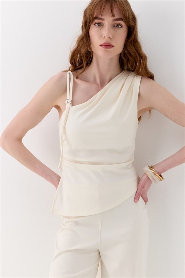 Drapeli Tek Omuz İnterlok Bluz Ekru