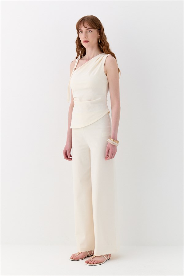 Drapeli Tek Omuz İnterlok Bluz Ekru