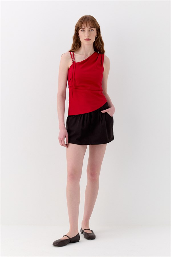 Drapeli Tek Omuz İnterlok Bluz Kırmızı