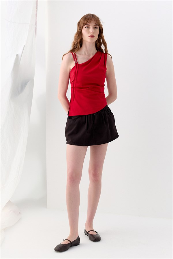 Drapeli Tek Omuz İnterlok Bluz Kırmızı